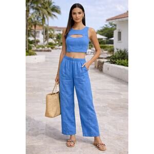 Yellow The Label Yllw Set Wide Leg Pants Crop Blue Vacation Co-Ord Medium Small